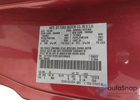 2001 Ford F-150 Xl/Xlt z USA, uszkodzony, nr VIN 1FTZF17221KF59865